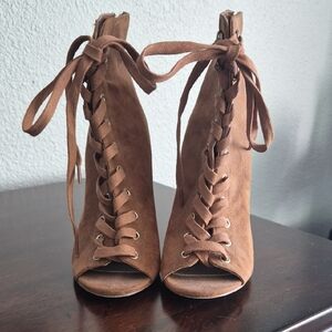 Zara Tan Lace-Up Peep-Toe Boots